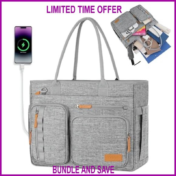 Large USB Charging Tote Bag with Laptop Sleeve for Work & Travel - Picture 5 of 8